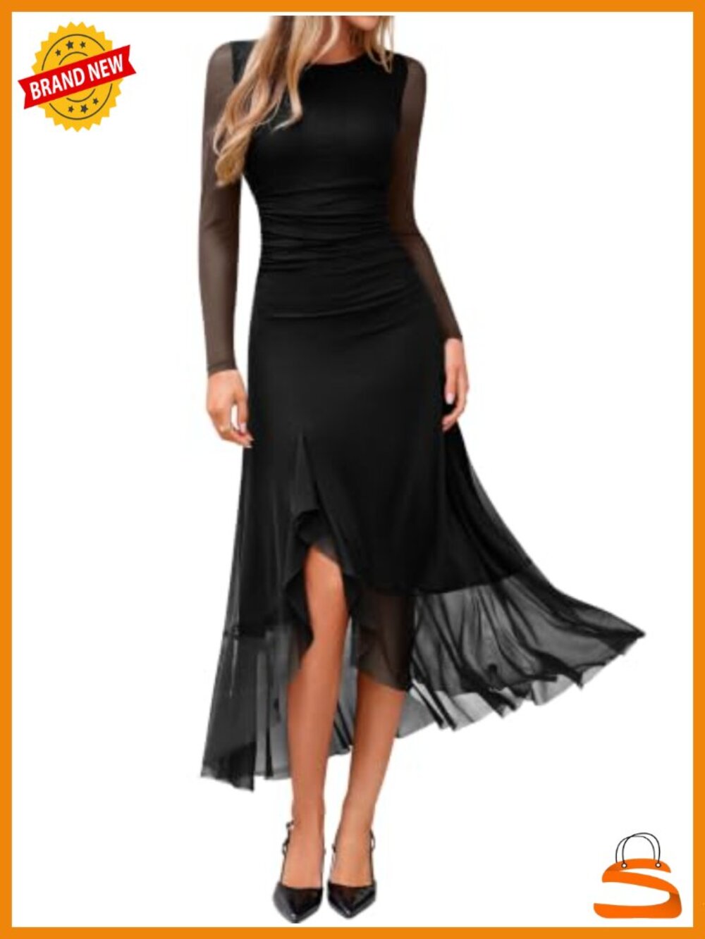 Women's Long Sleeve Mesh Ruffle Tiered Midi Wedding Guest Dress